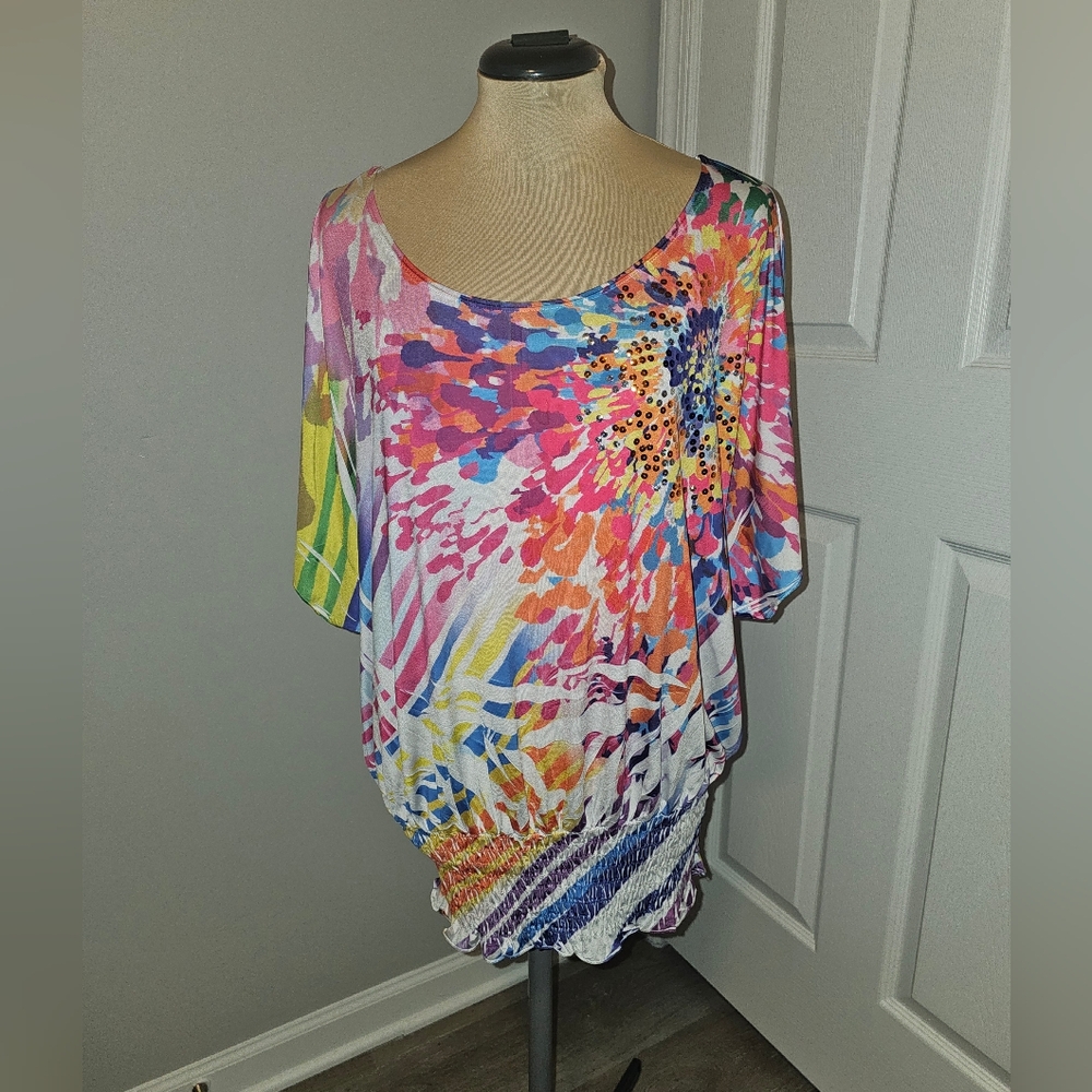 Deb Colorful Short Sleeve  Abstract Print Top With Sequin Sz XL - Picture 3 of 5